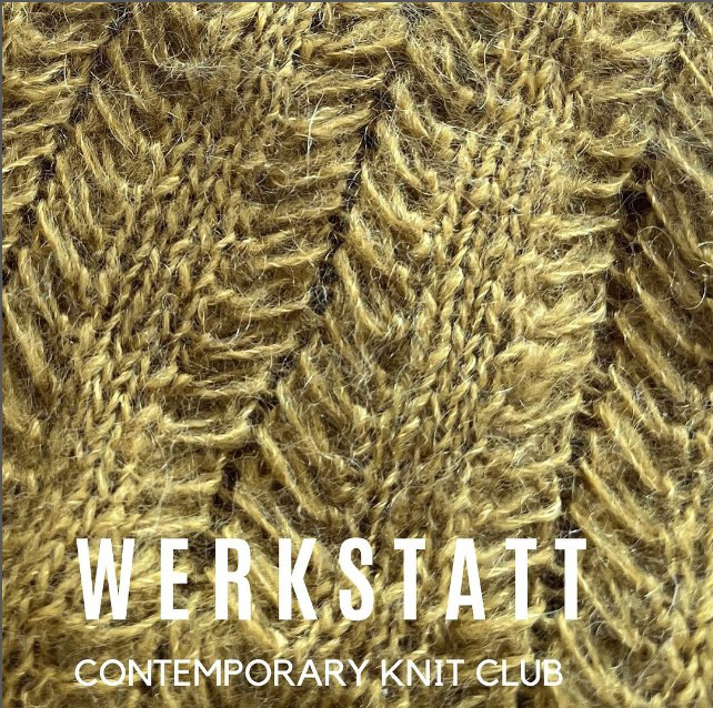 A close-up picture of fuzzy handknit material with the words WERKSTATT contemporary knit club