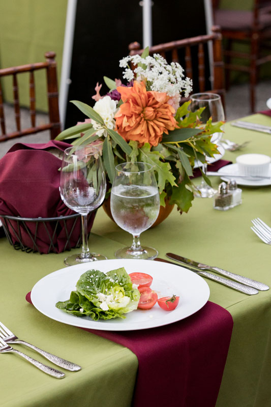 Dinner menu crafted by Sage Catering and donated florals from Mayesh Wholesale